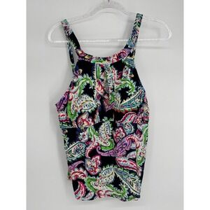 Liz Claiborne Sz XXL Paisley Floral Halter Tankini Swim Top Keyhole Navy Blue